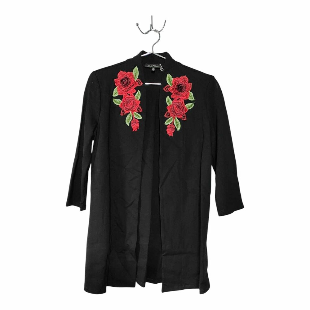 Slinky Brand Black Open Cardigan Duster Sz XS Long Sleeve Embroidered Roses NWOT